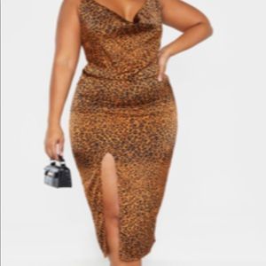 Leopard Print Cowl neck midi dress